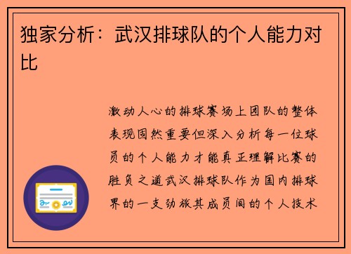 独家分析：武汉排球队的个人能力对比