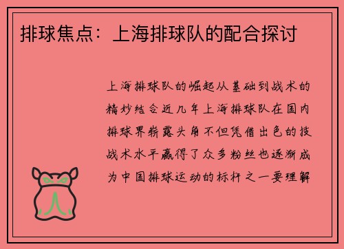 排球焦点：上海排球队的配合探讨